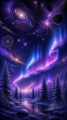 a snowy pine forest under the northern lights, no people — Spacecore Aesthetic wallpaper