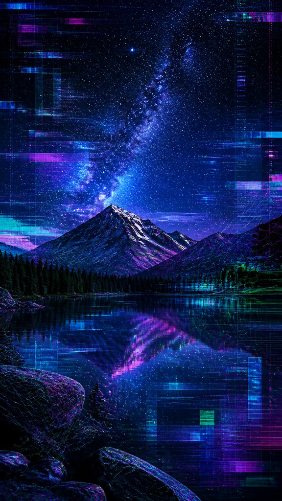 a tranquil mountain lake beneath a starry night sky, no people, no text — New Media Art Style phone wallpaper