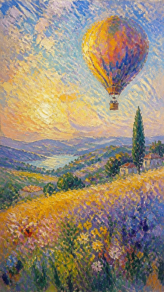 a hot air balloon drifting over rolling flower fields on a sunny day, cheerful, no text — Impressionist Still Life Art Style greeting card