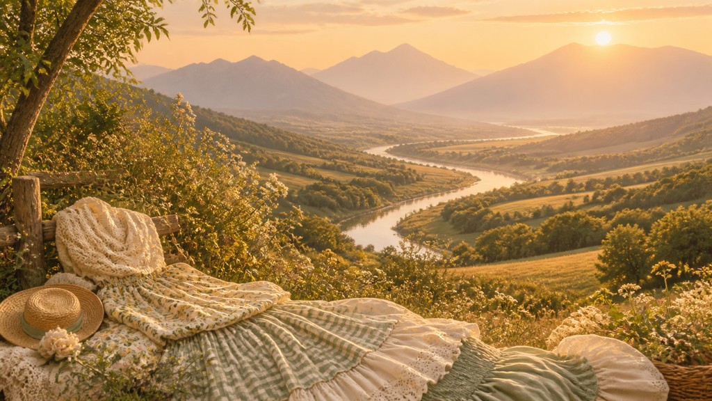 a vast valley with a river winding toward distant mountains at sunrise, no people, no text — Cottagecore Fashion Style desktop wallpaper
