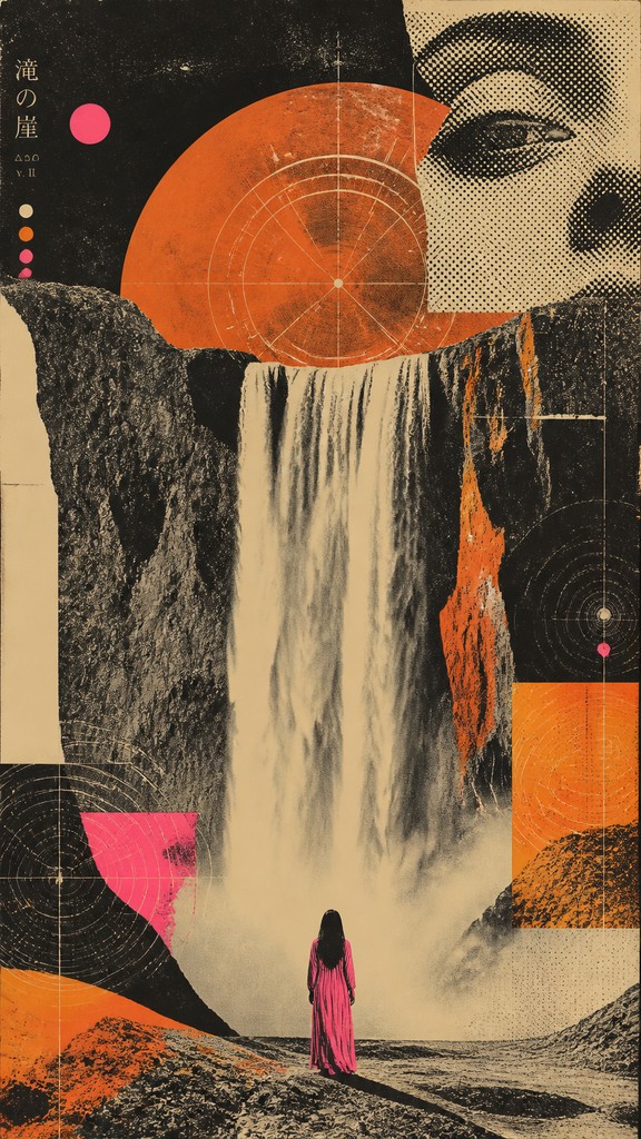 towering waterfall cascading down a cliff — Retro-Futuristic Pop Surrealism