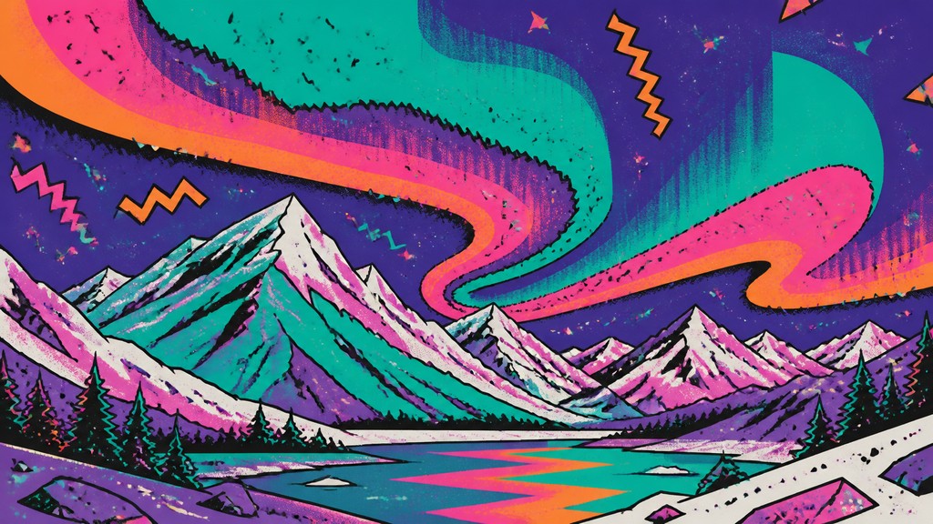 a flowing aurora over snowy peaks, wide sweeping composition, no people, no text — 90s Retro Aesthetic banner