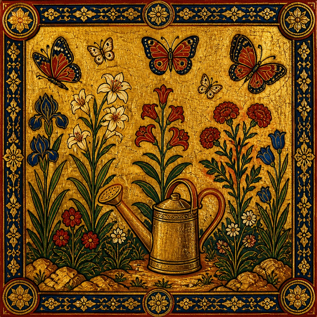 a garden scene with butterflies, flowers and a watering can, clean uncolored line art, no text — Orthodox Icon Religious Art coloring page