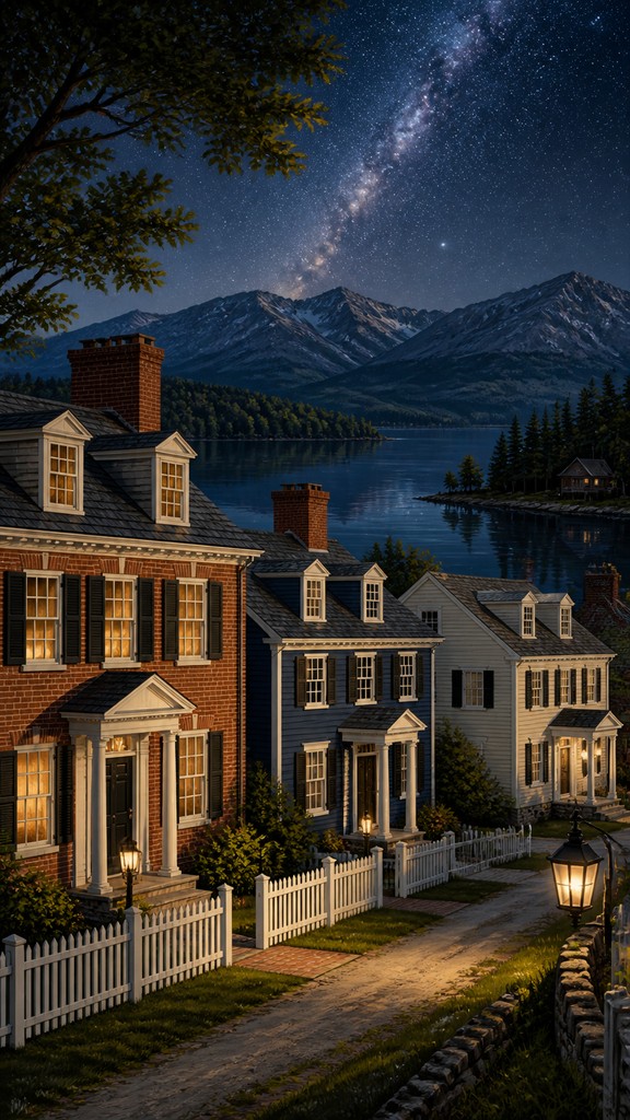 a tranquil mountain lake beneath a starry night sky, no people, no text — Colonial Architecture phone wallpaper