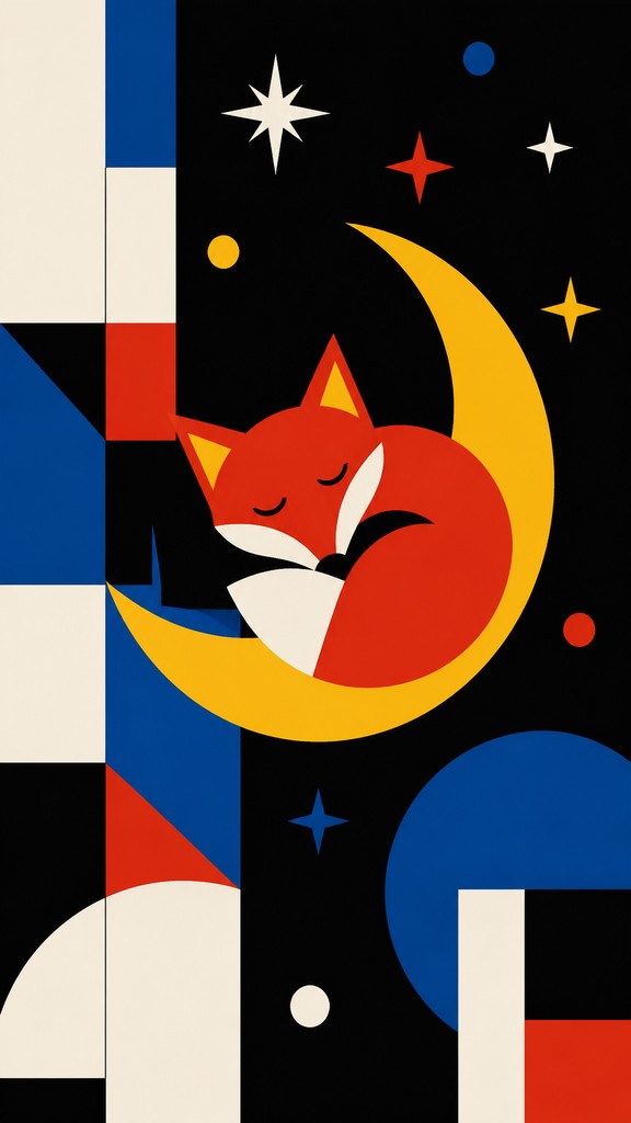 a sleeping baby fox curled on a crescent moon among soft stars, gentle and warm, no text — Bauhaus Art Style baby announcement