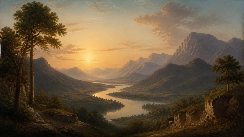 a vast valley with a river winding toward distant mountains at sunrise, no people, no text — Classical Realist Figurative Art Style desktop wallpaper