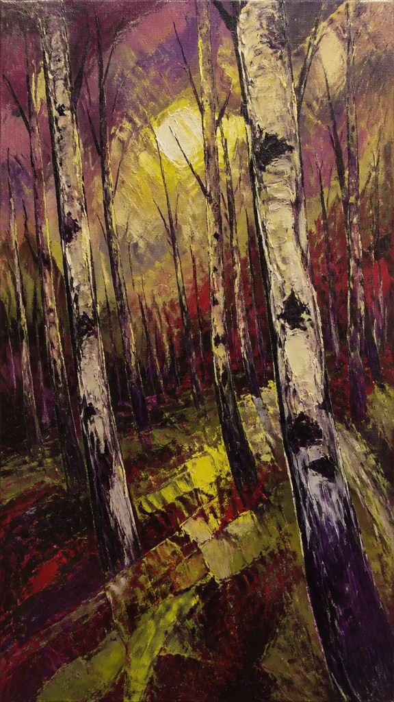 a serene birch forest in soft morning light, no people, no text — Expressionist Portrait Style wall art print