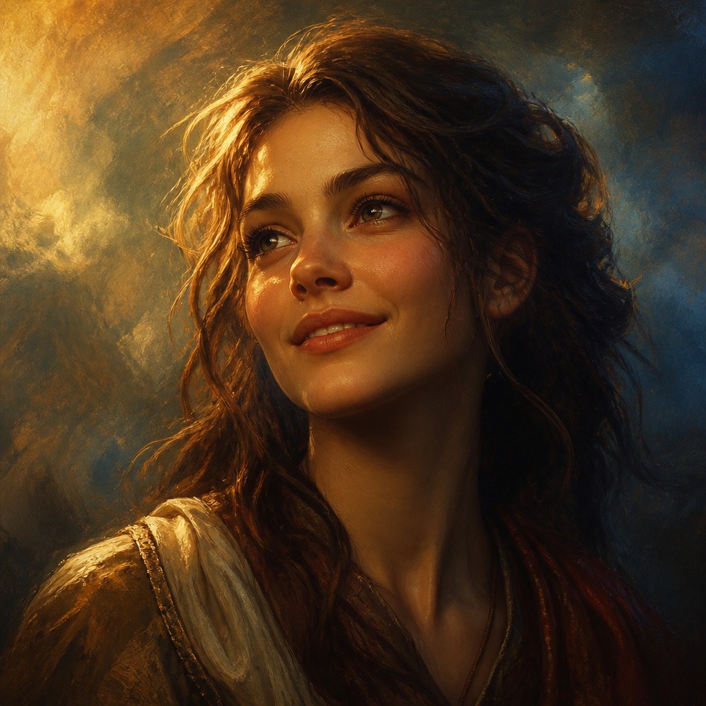 head-and-shoulders portrait of an original character: a young woman with wavy chestnut hair and a warm smile, plain soft backdrop — Neo-Romanticism Art Style profile picture