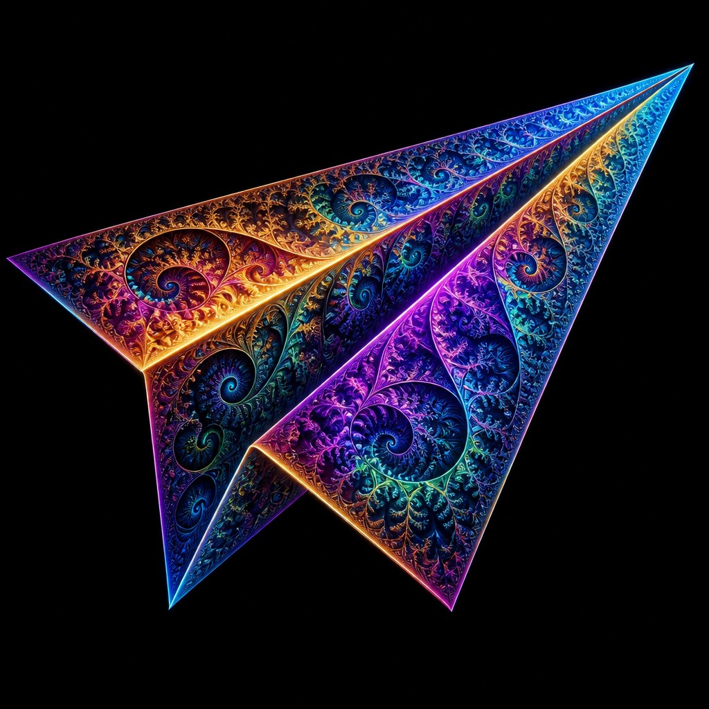a paper plane, clean minimal composition on a plain background, no text — Fractal Abstract Art Style icon