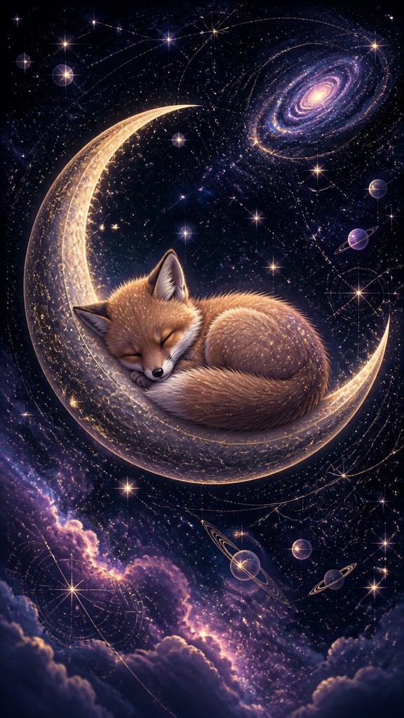 a sleeping baby fox curled on a crescent moon among soft stars, gentle and warm, no text — Spacecore Aesthetic baby announcement