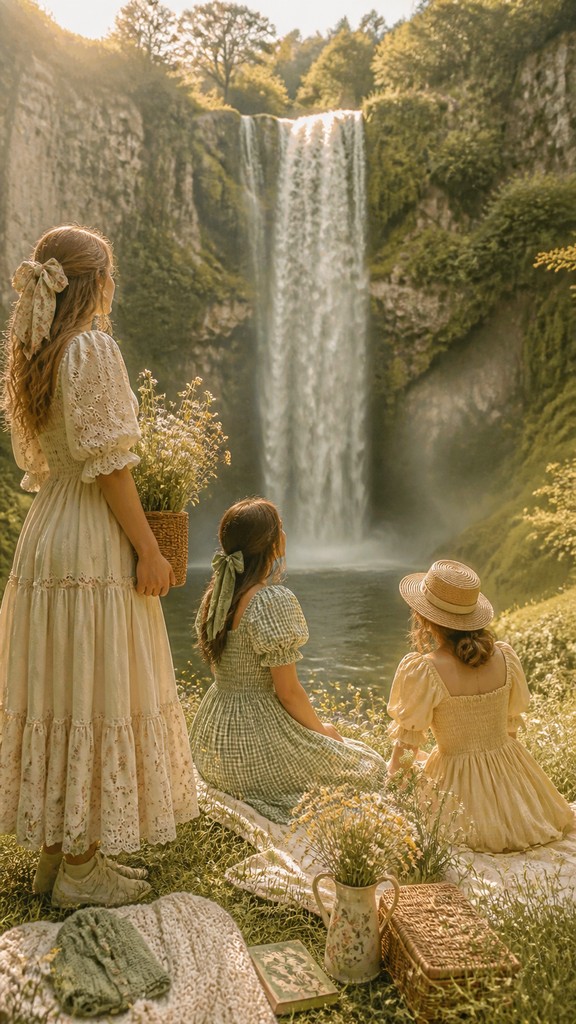 towering waterfall cascading down a cliff — Cottagecore Fashion Style
