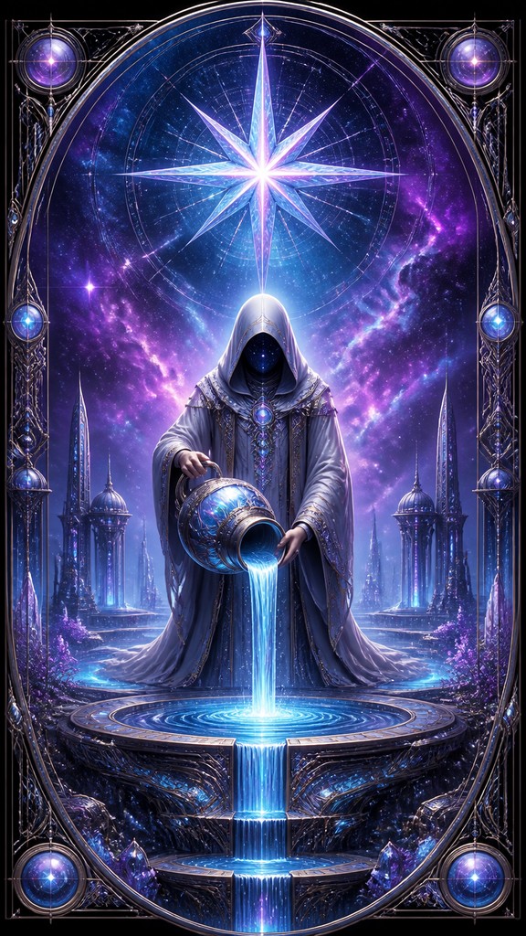 a robed figure pouring water beneath a large eight-pointed star in a night sky, symmetrical composition with an ornate decorative border, no text — Sci-Fi Fantasy Art tarot card