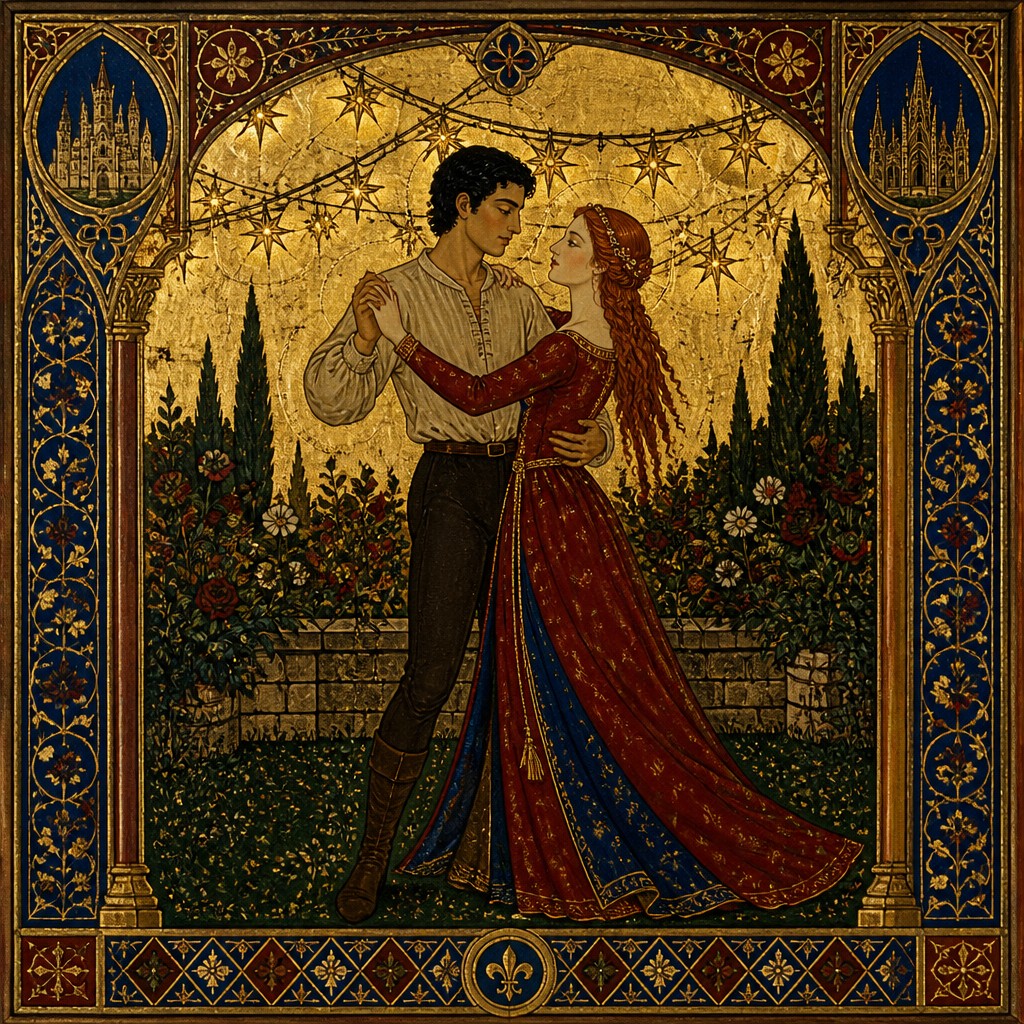 an original couple dancing under string lights in a garden at dusk: a man with short black hair in a linen shirt and a woman with braided red hair in a summer dress — Gothic Art Style couple portrait