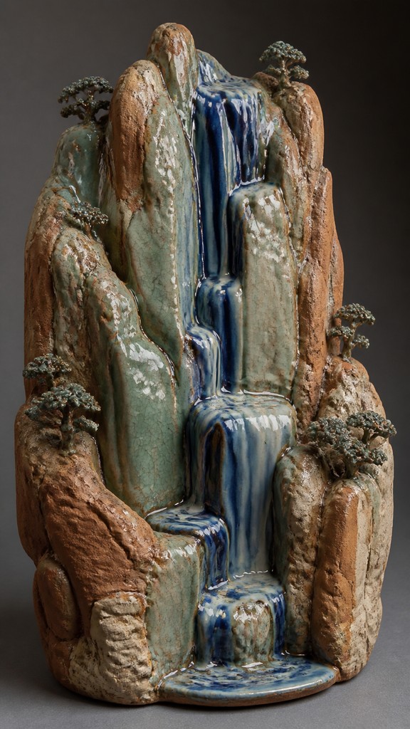 towering waterfall cascading down a cliff — Ceramic Sculpture Art Style