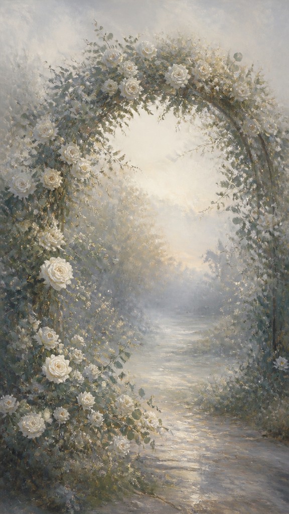 an arch of white roses and eucalyptus in soft morning light, elegant vertical composition with open space, no text — Atmospheric Impressionism Art Style wedding invitation