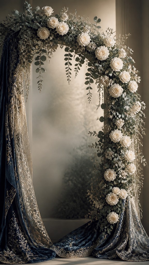 an arch of white roses and eucalyptus in soft morning light, elegant vertical composition with open space, no text — Haute Couture Fashion Design wedding invitation