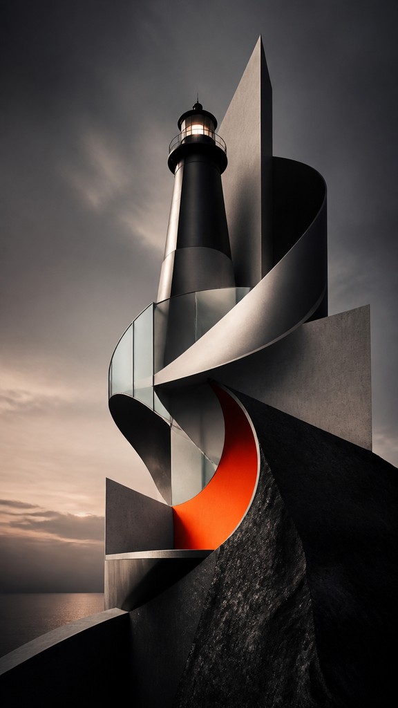 a lone lighthouse on a cliff at dusk under a dramatic sky, no text or lettering — Modern Abstract Sculpture Art Style poster