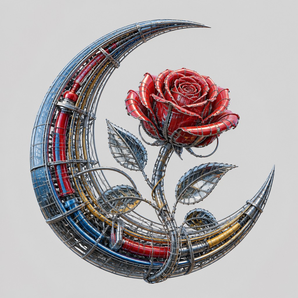 a rose entwined with a crescent moon, clean balanced composition on a plain background, no text — High-Tech Architecture tattoo design