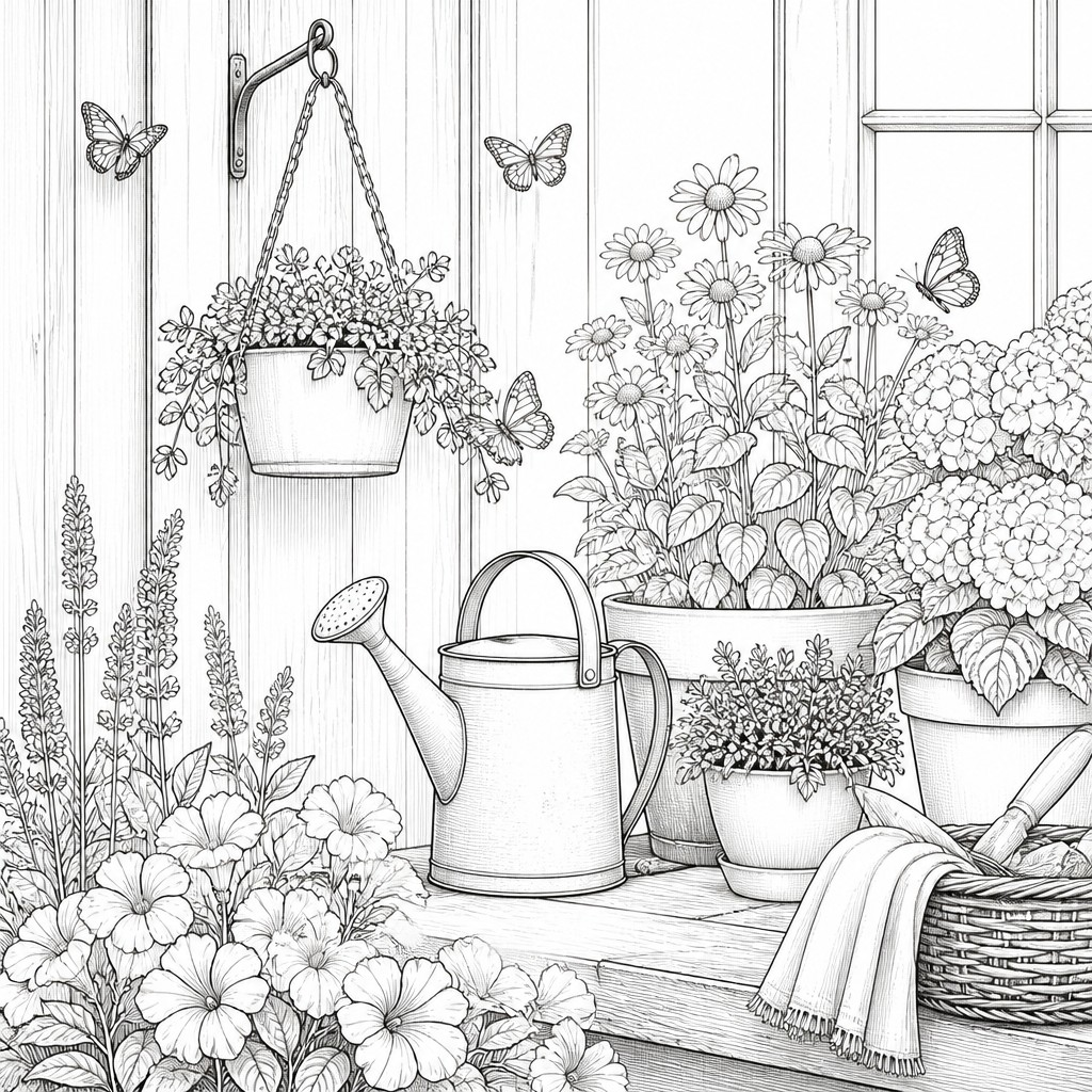 a garden scene with butterflies, flowers and a watering can, clean uncolored line art, no text — Modern Farmhouse Interior Design coloring page