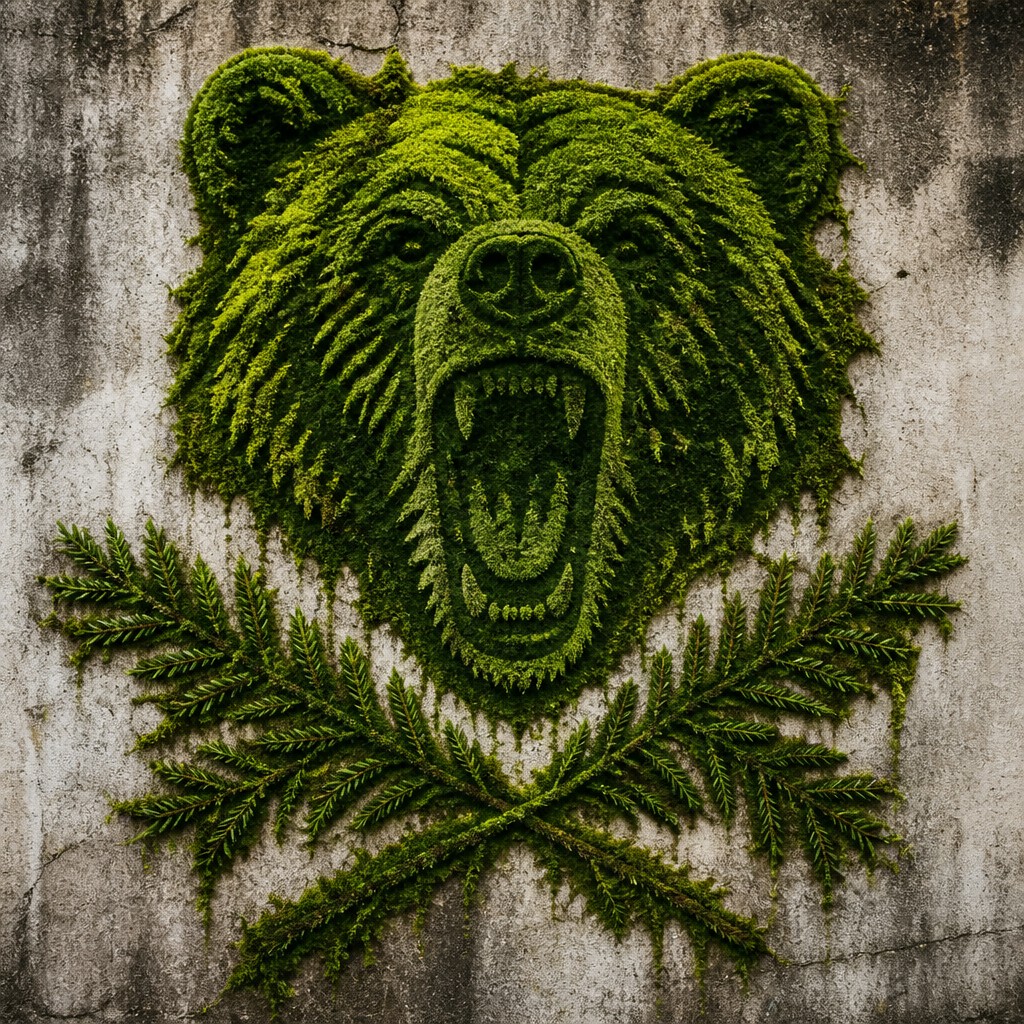 a roaring bear head above crossed pine branches, bold graphic composition on a plain background, no text — Moss Graffiti Street Art Style t-shirt design
