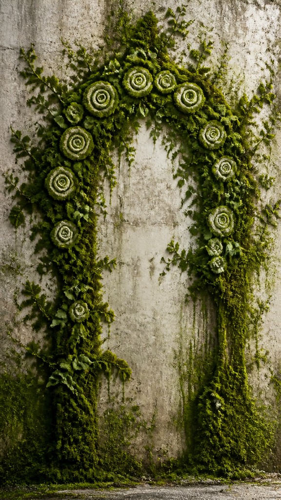 an arch of white roses and eucalyptus in soft morning light, elegant vertical composition with open space, no text — Moss Graffiti Street Art Style wedding invitation