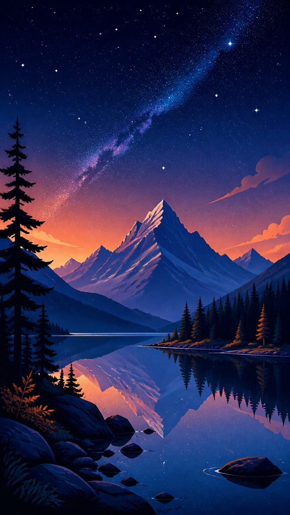 a tranquil mountain lake beneath a starry night sky, no people, no text — Digital Illustration Portrait Style phone wallpaper