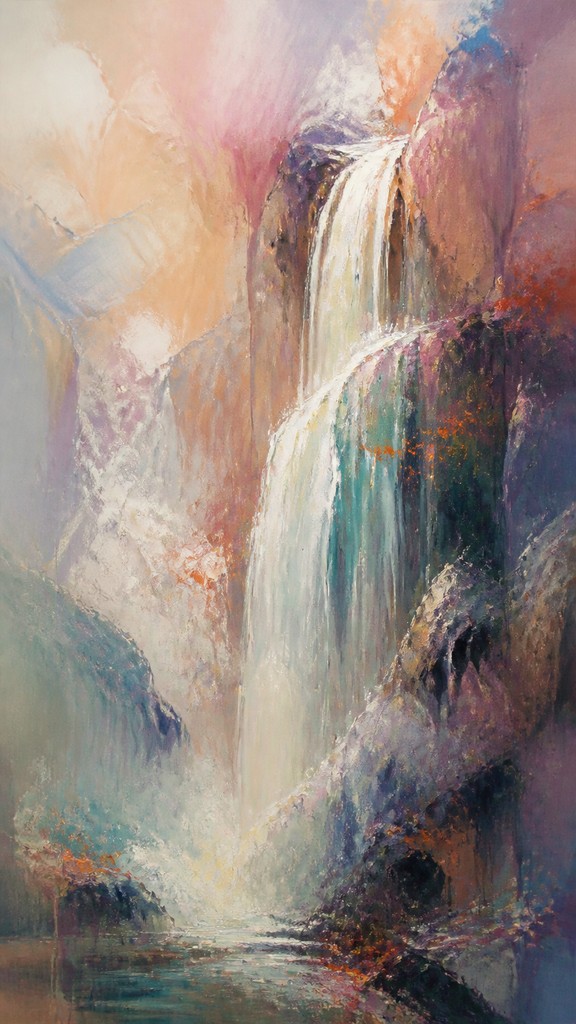 towering waterfall cascading down a cliff — Lyrical Abstraction Art Style