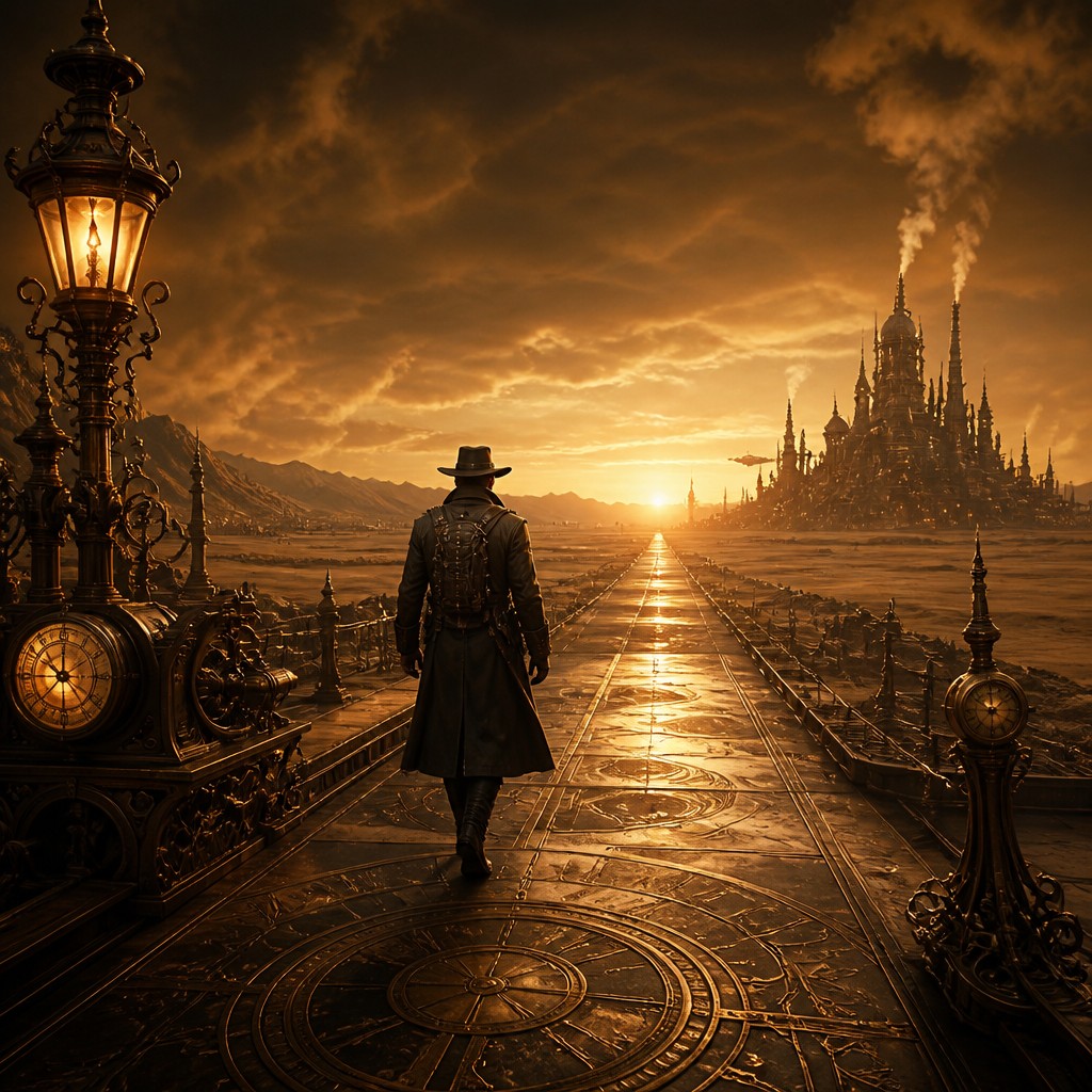 a solitary figure walking toward a glowing horizon across an empty plain, moody atmosphere, no text or lettering — Steampunk Art Style album cover