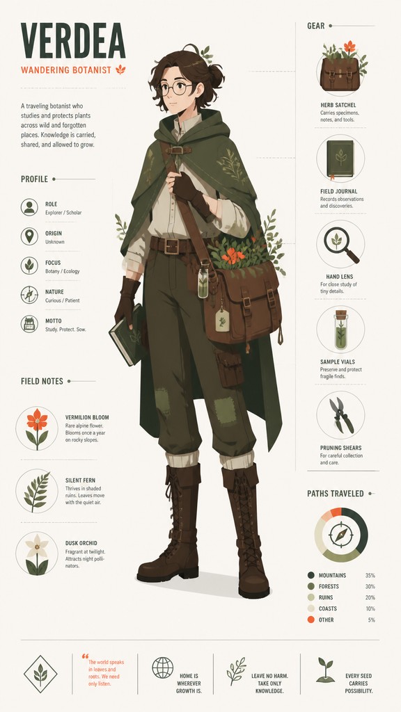 full-body original character: a wandering botanist with a satchel of plants, a patched green cloak, tall boots and round glasses, neutral background — Infographic Poster Design character design