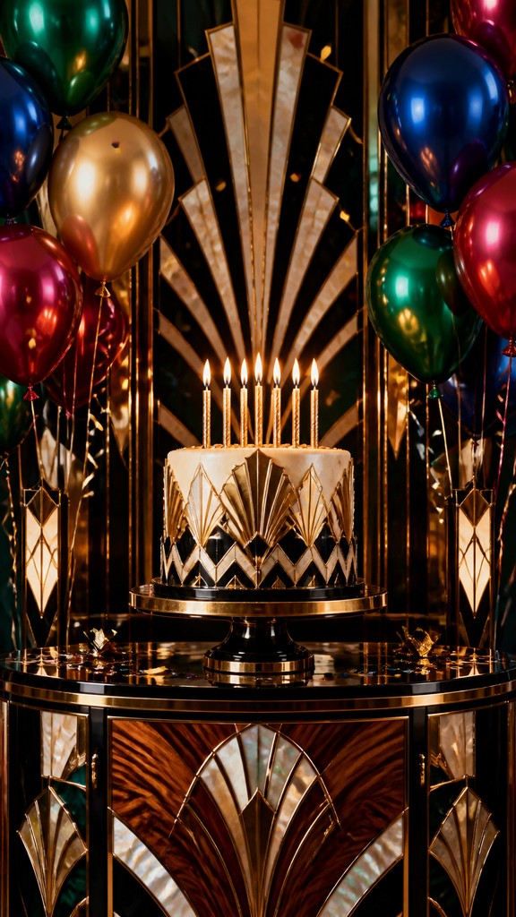 a birthday cake with lit candles surrounded by balloons and confetti, festive vertical composition, no text — Art Deco Furniture Art birthday card
