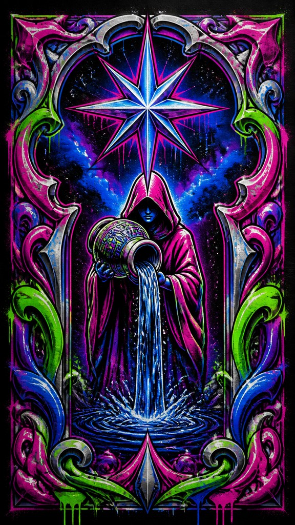 a robed figure pouring water beneath a large eight-pointed star in a night sky, symmetrical composition with an ornate decorative border, no text — Graffiti Art Style tarot card