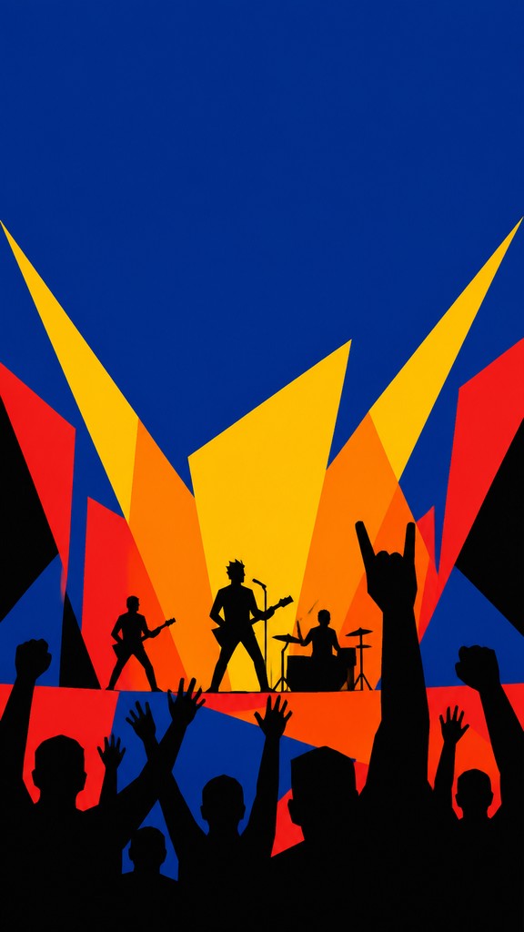 a live music scene with a glowing stage and silhouetted crowd, energetic vertical composition with open space at the top, no text — Hard-edge Painting Style flyer