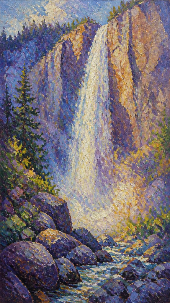 towering waterfall cascading down a cliff — Impressionist Still Life Art Style