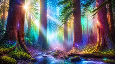 a panoramic redwood forest with light rays through mist, no people — Digital Art Style wallpaper