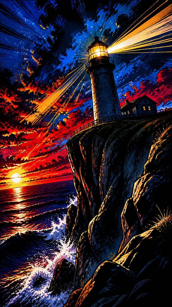 a lone lighthouse on a cliff at dusk under a dramatic sky, no text or lettering — Superhero Comic Art poster