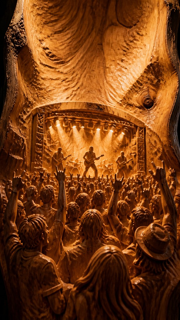 a live music scene with a glowing stage and silhouetted crowd, energetic vertical composition with open space at the top, no text — Wood Carving Sculpture Art Style flyer
