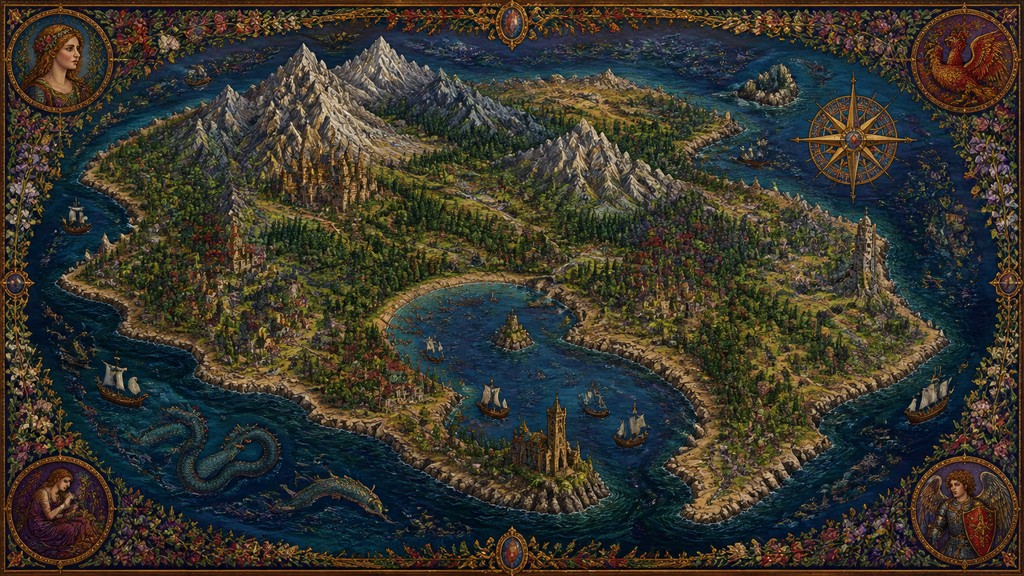 a map of an island realm with mountains, forests, a sheltered bay, sea monsters in the water and a compass rose, no text labels — Pre-Raphaelite Art Style fantasy map