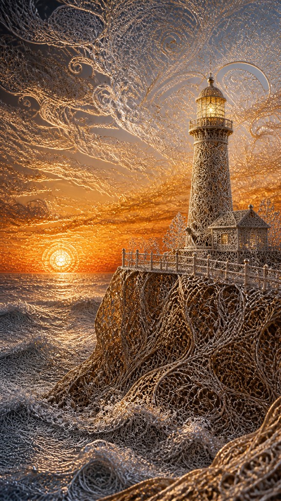 a lone lighthouse on a cliff at dusk under a dramatic sky, no text or lettering — Filigree Jewelry Style poster