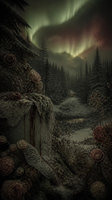 a snowy pine forest under the northern lights, no people — Dark Cottagecore Aesthetic wallpaper