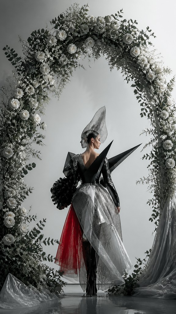 an arch of white roses and eucalyptus in soft morning light, elegant vertical composition with open space, no text — Avant-Garde Fashion Design wedding invitation