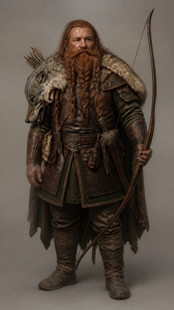 full-body original character: a dwarven ranger with a braided auburn beard, worn leather armor, a longbow and a wolf-pelt cloak, neutral background, no text — Contemporary Realism Art Style tabletop character portrait