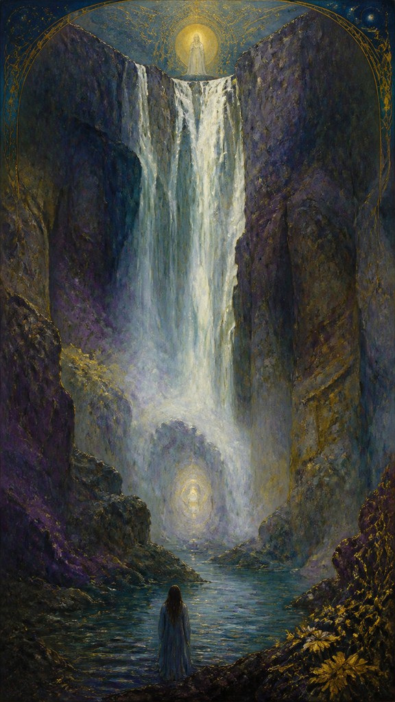 towering waterfall cascading down a cliff — Symbolism Art Style
