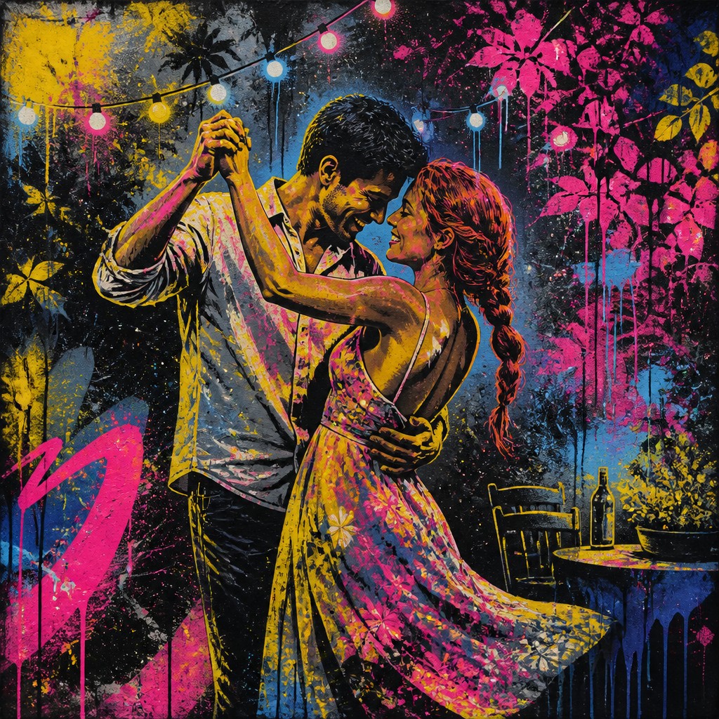 an original couple dancing under string lights in a garden at dusk: a man with short black hair in a linen shirt and a woman with braided red hair in a summer dress — Graffiti Modern Art Style couple portrait
