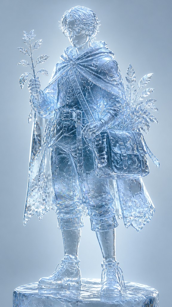 full-body original character: a wandering botanist with a satchel of plants, a patched green cloak, tall boots and round glasses, neutral background — Ice Sculpture Art Style character design