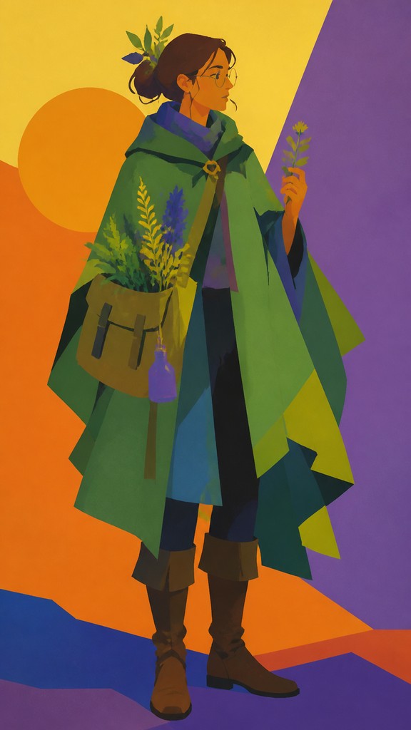 full-body original character: a wandering botanist with a satchel of plants, a patched green cloak, tall boots and round glasses, neutral background — Color Field Abstract Art Style character design