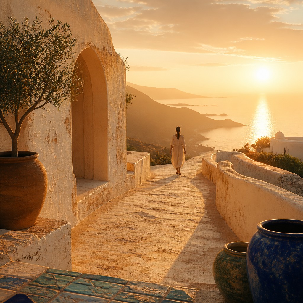 a solitary figure walking toward a glowing horizon across an empty plain, moody atmosphere, no text or lettering — Mediterranean Architecture Art album cover
