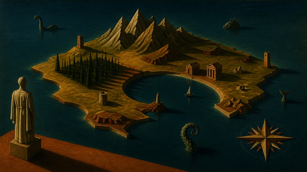 a map of an island realm with mountains, forests, a sheltered bay, sea monsters in the water and a compass rose, no text labels — Metaphysical Painting Art Style fantasy map