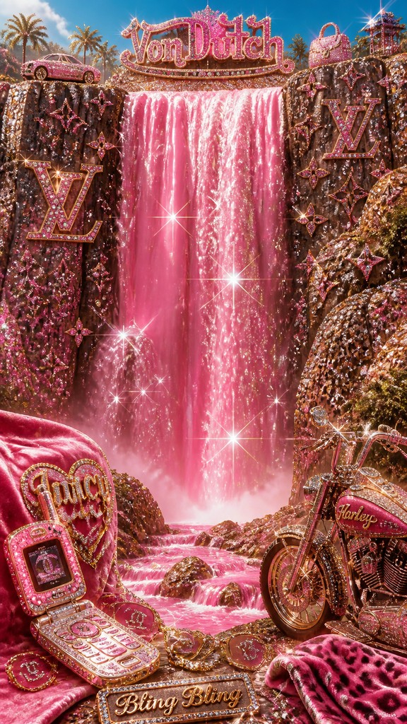 towering waterfall cascading down a cliff — McBling Aesthetic
