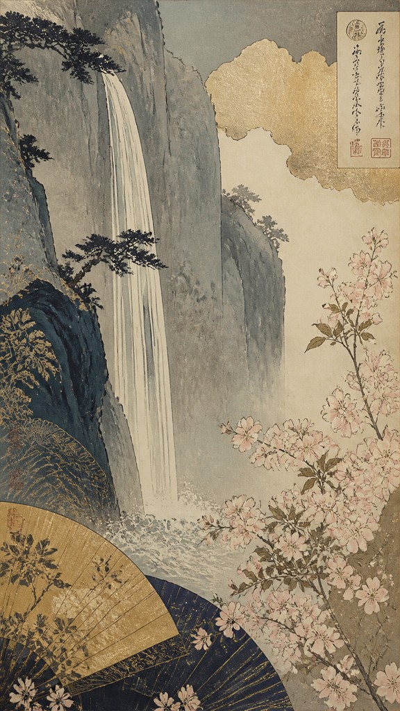 towering waterfall cascading down a cliff — Japonisme Art Style