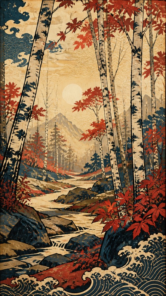 a serene birch forest in soft morning light, no people, no text — Ukiyo-e Anime Fusion Portrait wall art print
